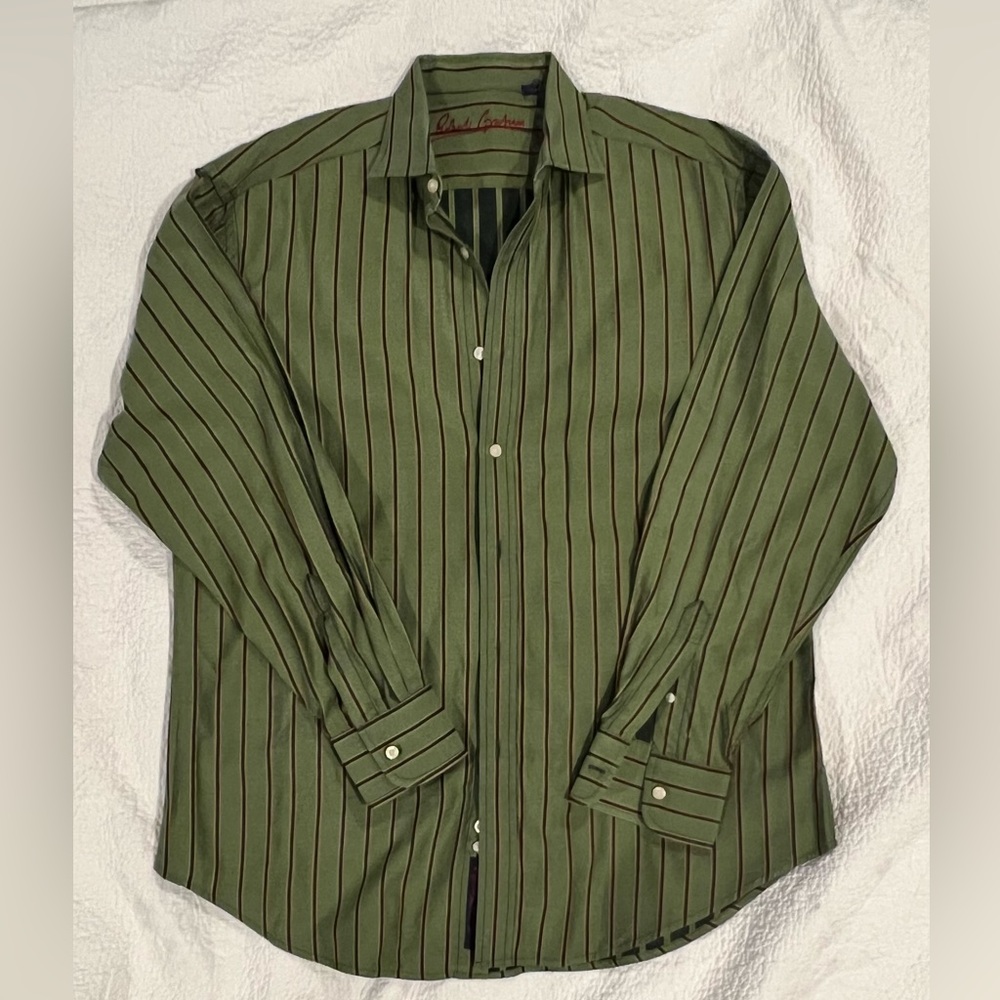 Robert Graham Men Army Green Black Orange Striped Button Dress Shirt Size XL